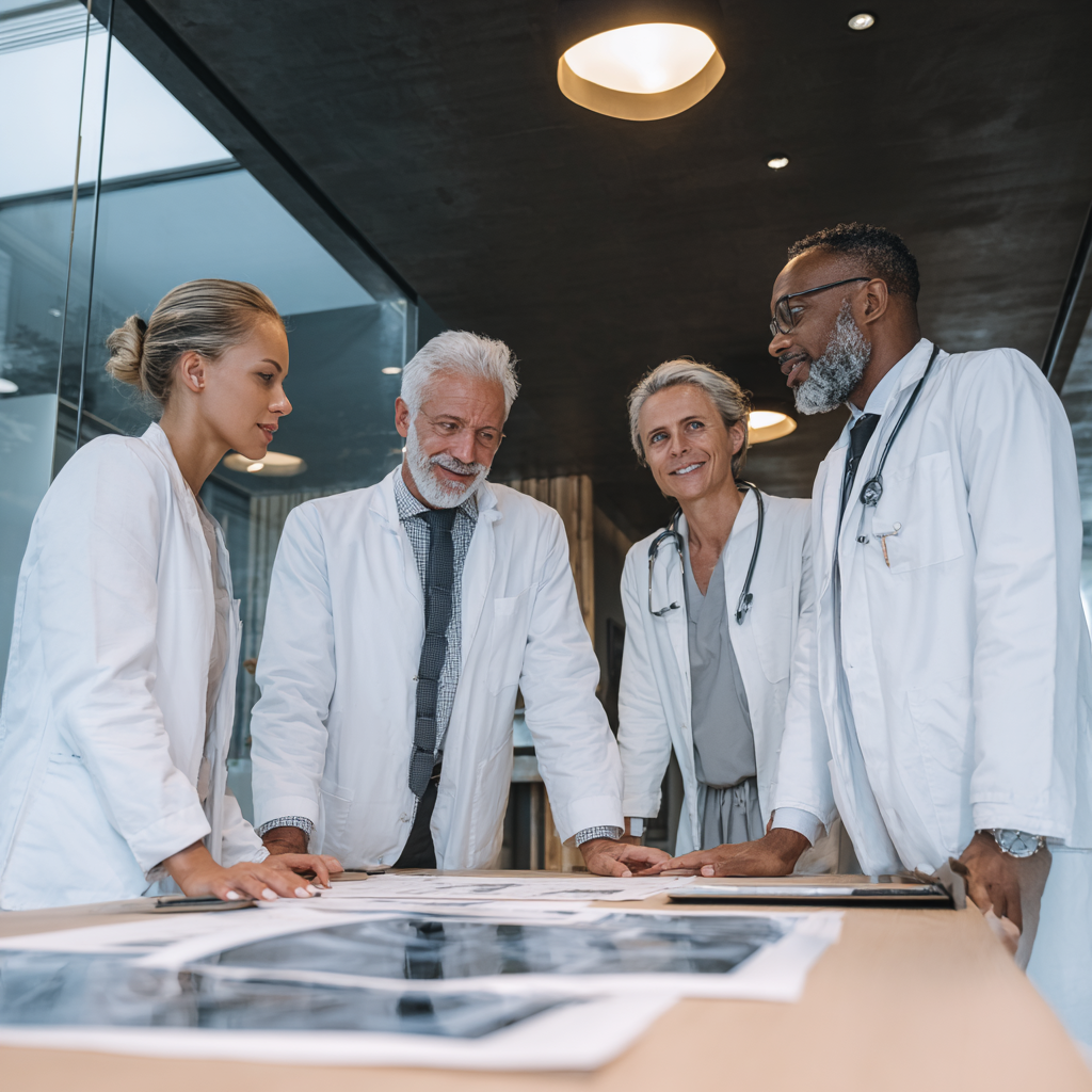 Команда професійних спеціалістів vindrales різного віку в медичних халатах обговорює індивідуальний план лікування пацієнта
